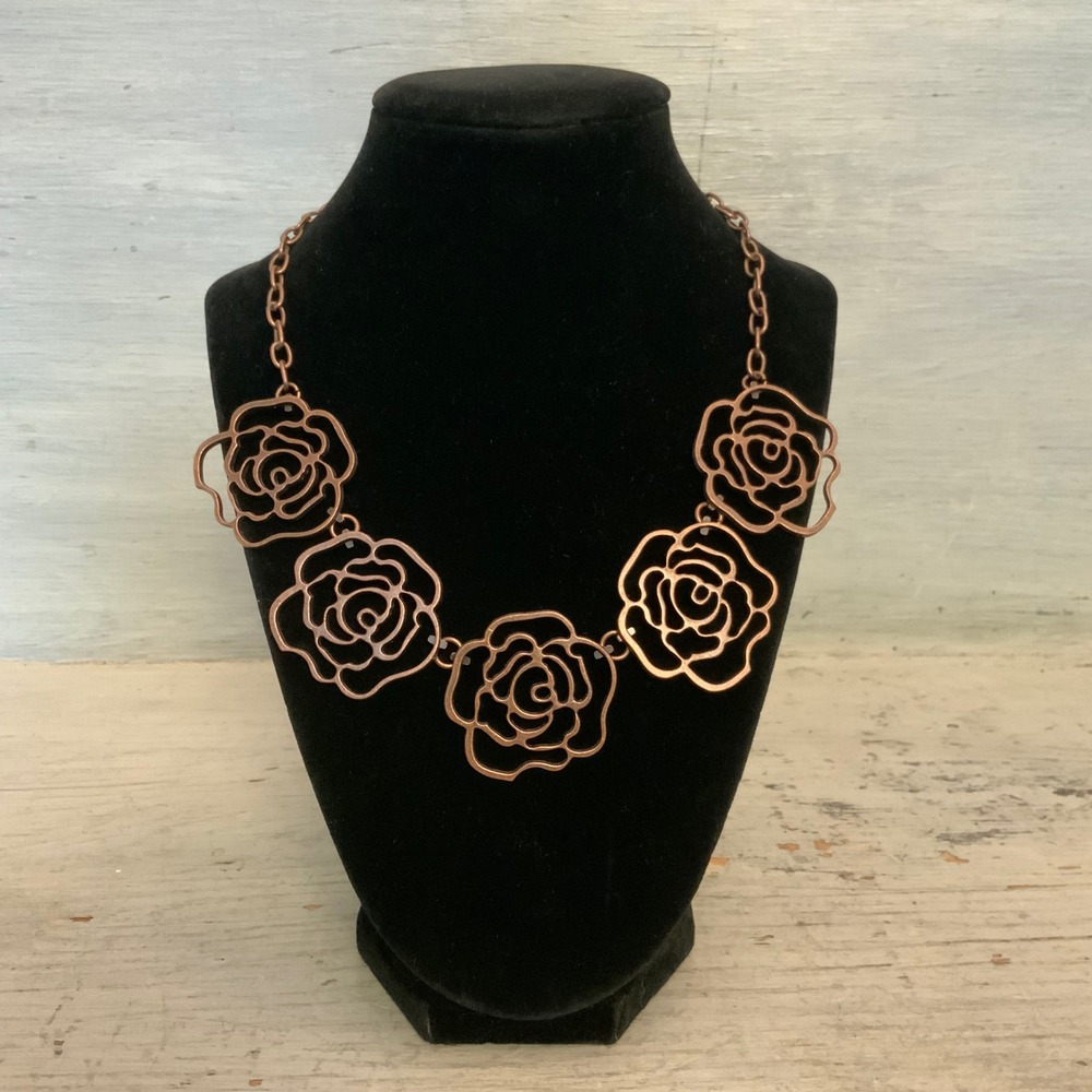 Metallic Bronze Tone Openwork Filigree Floral Rose Bib Necklace 18-20.5" GC